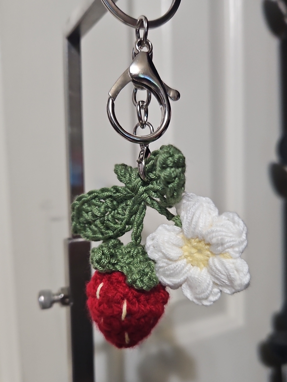 Handmade Crochet Strawberry with White Flower Kechain Charm